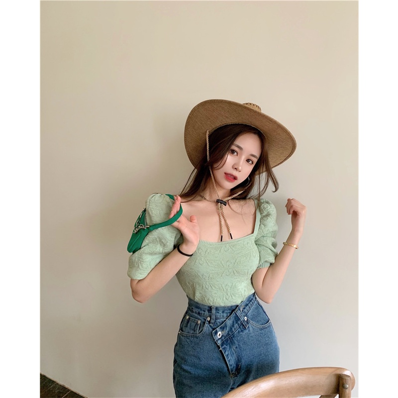 QADCOL  Áo Croptop Dệt Kim Tay Ngắn Phồng Thiết Kế Dễ Thương