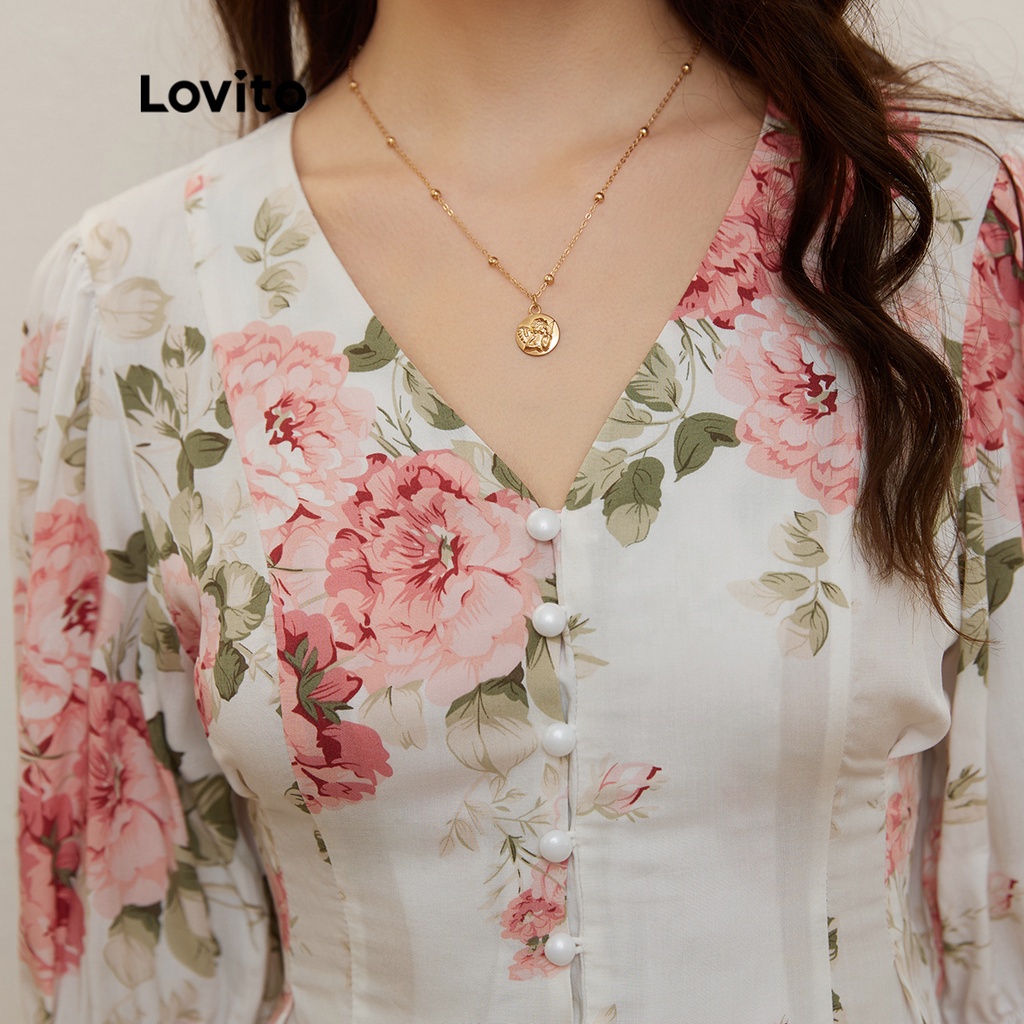 Lovito Áo Kiểu Tay Loe Cổ Chữ V In Hoa Thời Trang L20D016