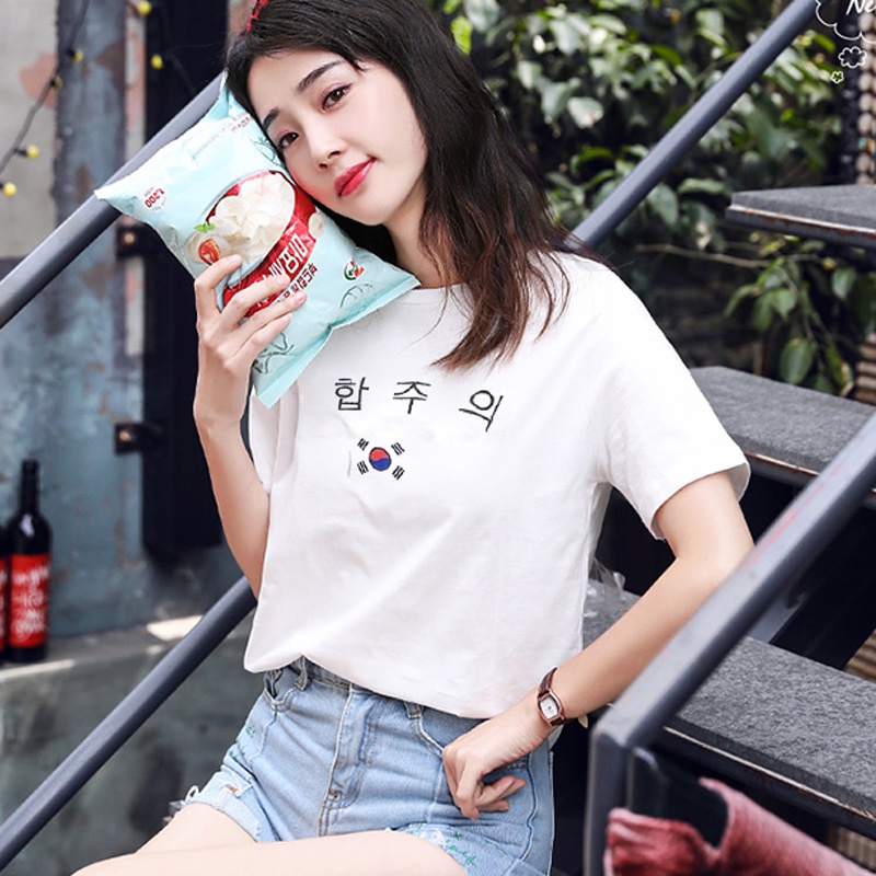 Áo Thun Nữ Tay Lỡ Unisex In Họa Tiết Lá Cờ Hàn Quốc DLX