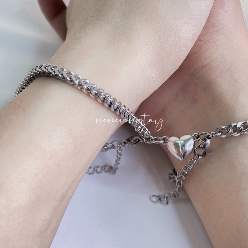 Vòng đôi XÍCH không rỉ nam châm trái tim CÓ KHẮC TÊN