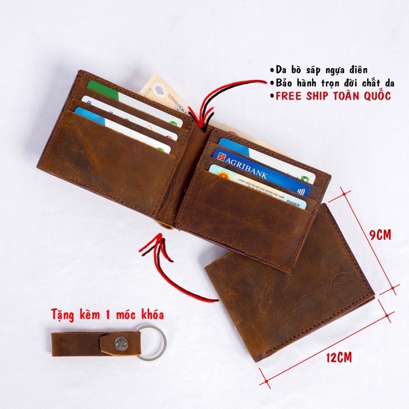 Ví nam da bò sáp ngựa điên khâu tay thủ công loại một ngăn dáng đứng dáng ngang chính hãng Bioline