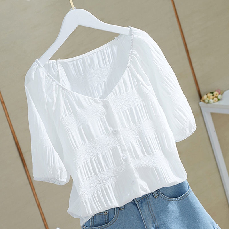 Áo Sơ Mi Trơn Ngắn Tay S-3xl 164524 Áo Sơ Mi Cổ Chữ v Dáng Rộng Xếp Ly Thời Trang