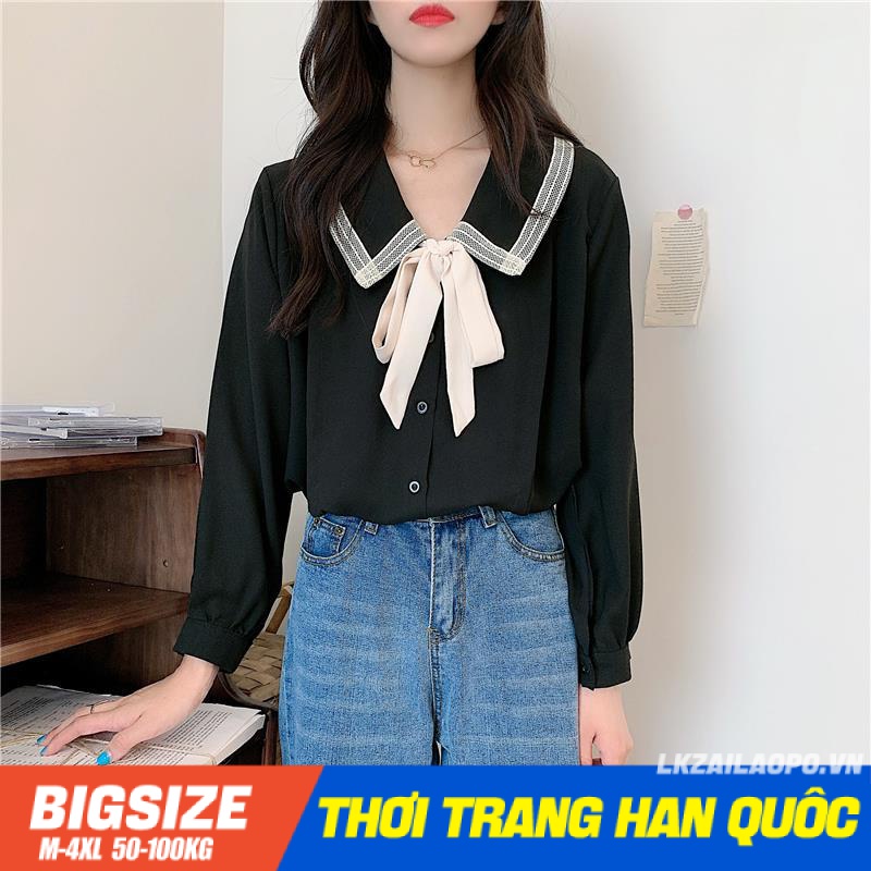 Áo sơ mi Bigsize Áo kiểu nữ form rộng tay dài cổ bèo Phối Nơ mùa hè Phong cách Hàn Quốc Thời Trang tiểu thư cá tính xinh đẹp cho người mập béo