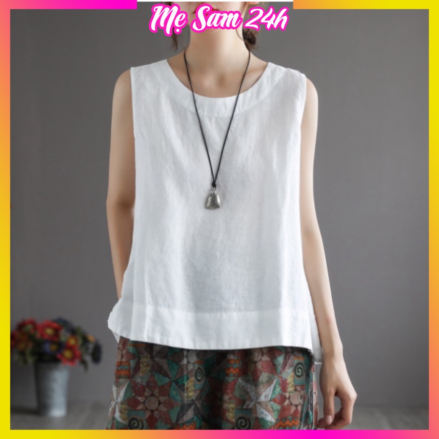Áo ba lỗ nữ cổ tròn Mẹ Sam 24h chất liệu đũi mềm mịn thoáng mát, form rộng thoải mái AKH.05