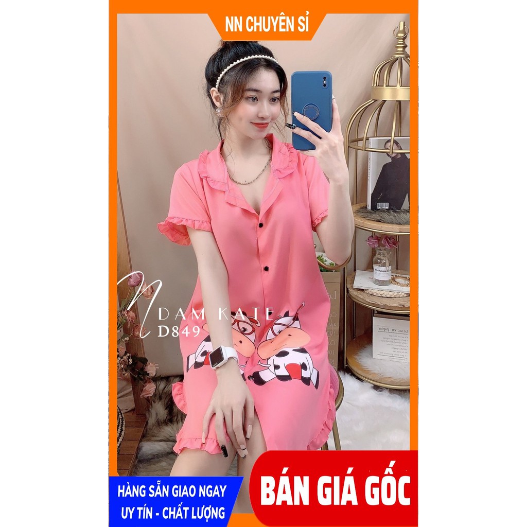 Đầm ngủ nữ phom 55kg Đầm kate in hình cực xinh D849 Ảnh thật Đầm ngủ nữ