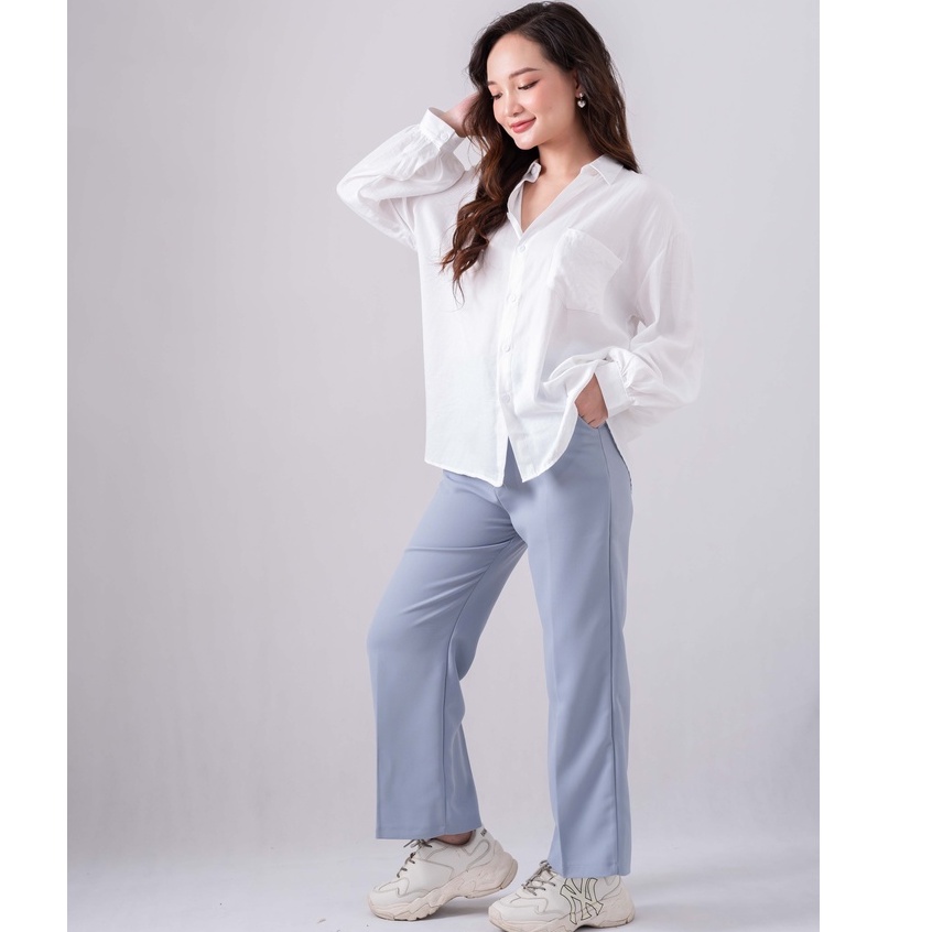 Áo sơ mi nữ dài tay trơn basic dáng rộng, ảnh thật sau