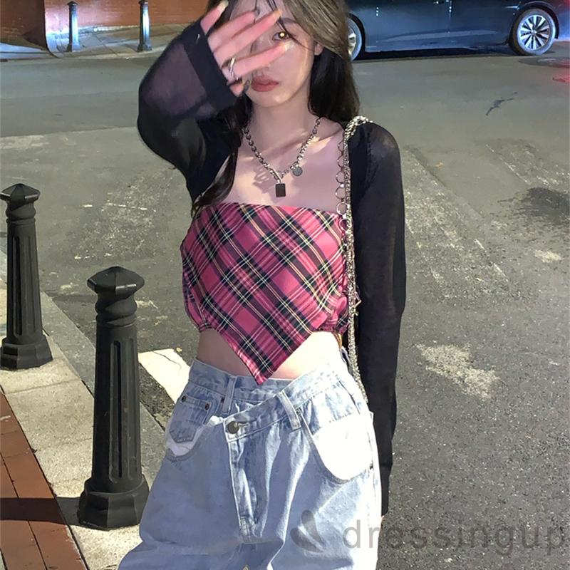 Áo Croptop Trễ Vai Họa Tiết Sọc Caro Thời Trang Mùa Hè Cho Nữ