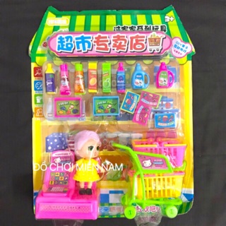 [Hàng mới về] Vỉ đồ chơi búp bê chibi cùng xe đẩy siêu thị kèm máy tính tiền siêu thị đơn giản 
