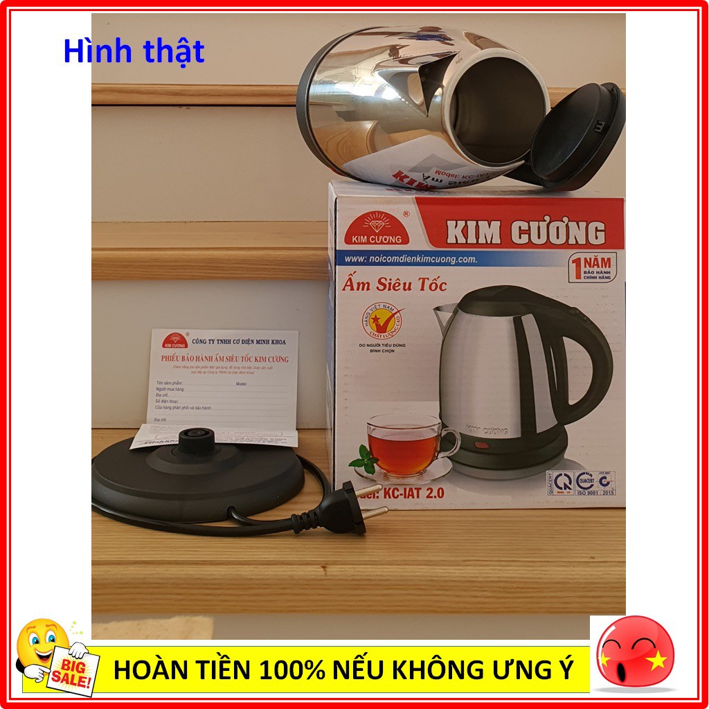 Bình Đun Siêu Tốc Kim Cương 2 lít Việt Nam - Thân inox siêu bền - Đế Xoay - Chính Hãng BH 1 năm