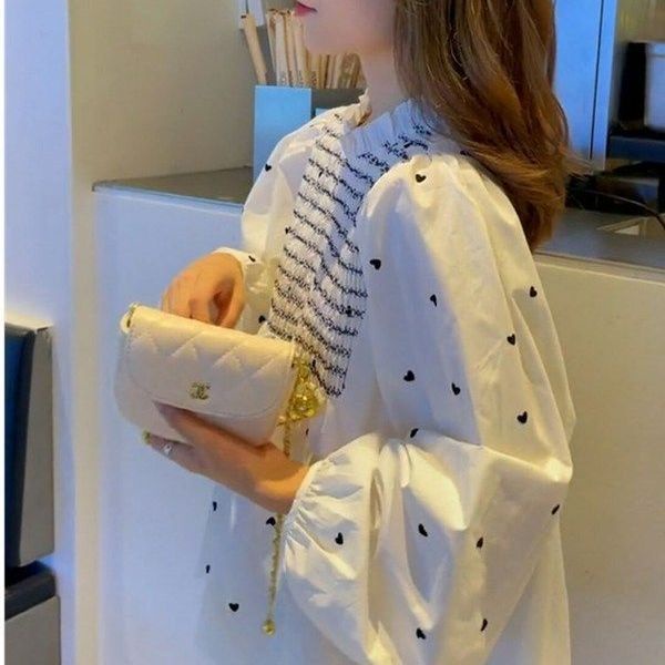 Áo Sơ Mi Tay Phồng Xếp Ly Dáng Rộng In Họa Tiết Trái Tim Xinh Xắn Thời Trang Cho Nữ