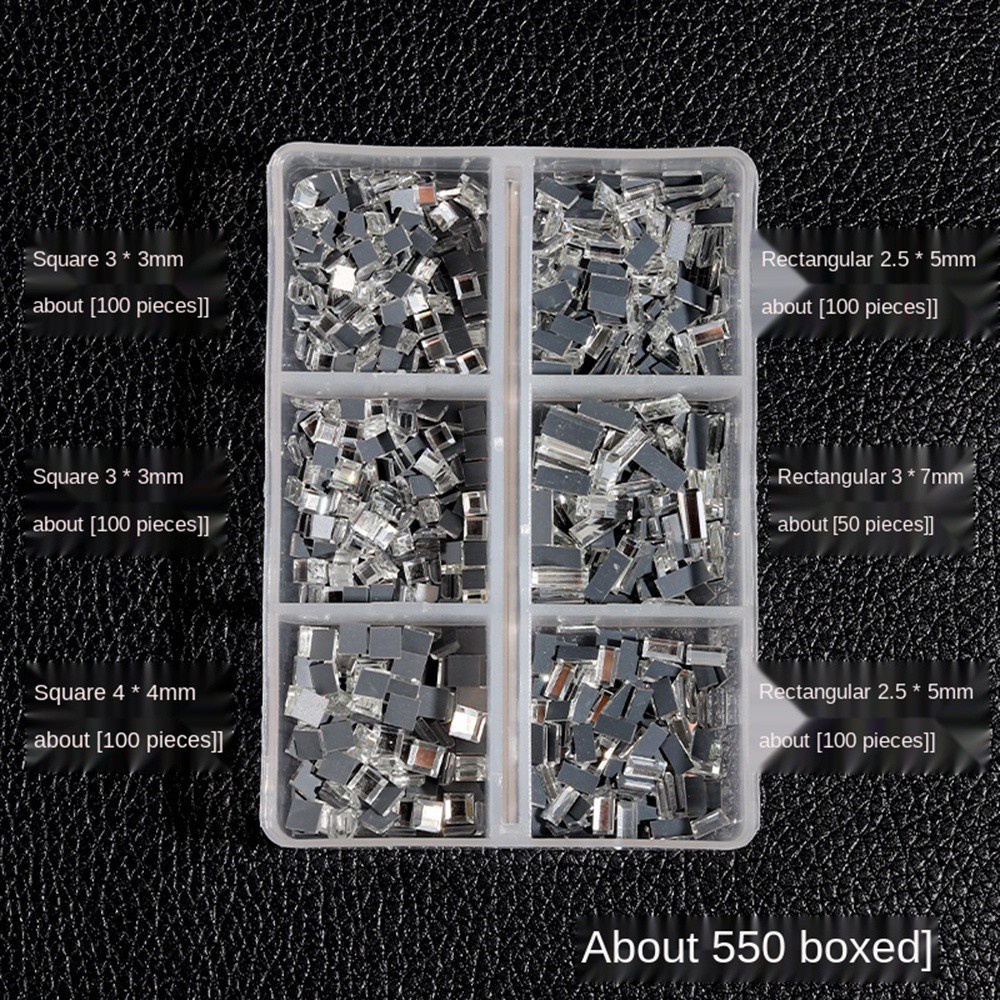 [Hàng mới về] Hộp 6 ngăn hạt đá tráng gương đáy phẳng nhiều cỡ hỗn hợp dùng cho trang trí móng tay nữ