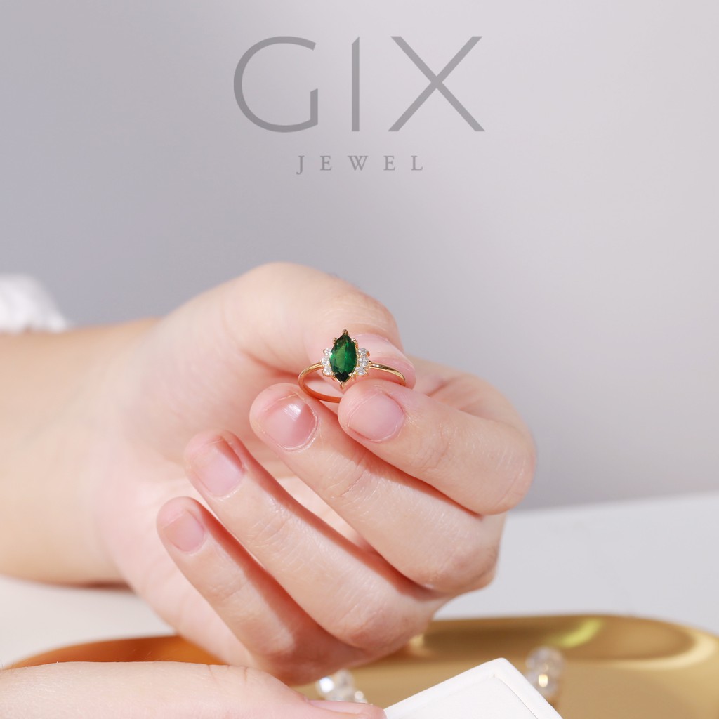 Nhẫn bạc nữ đẹp mạ vàng đá Cz xanh hạt dưa Gix Jewel SPGN01