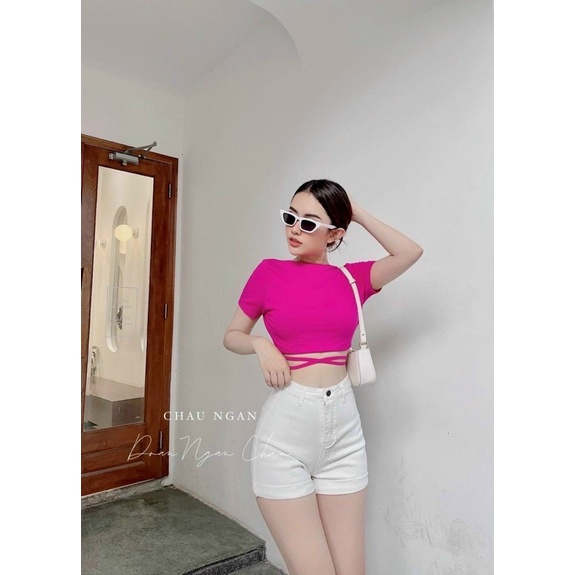 Áo croptop đan chéo tay ngắn