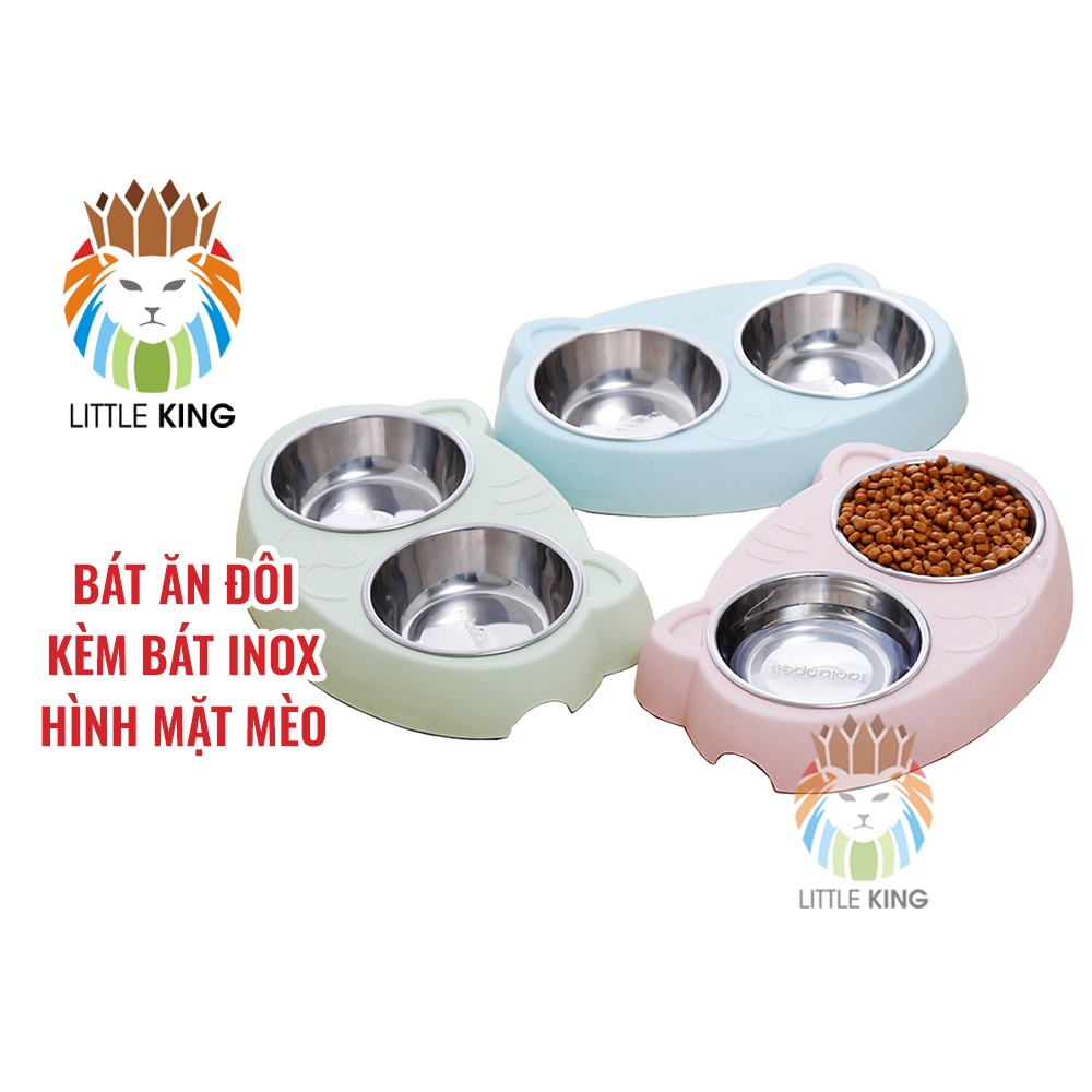 Bát ăn đôi inox hình mặt mèo cho chó mèo, thú cưng chất liệu nhựa PP và inox không gỉ Little King pet shop