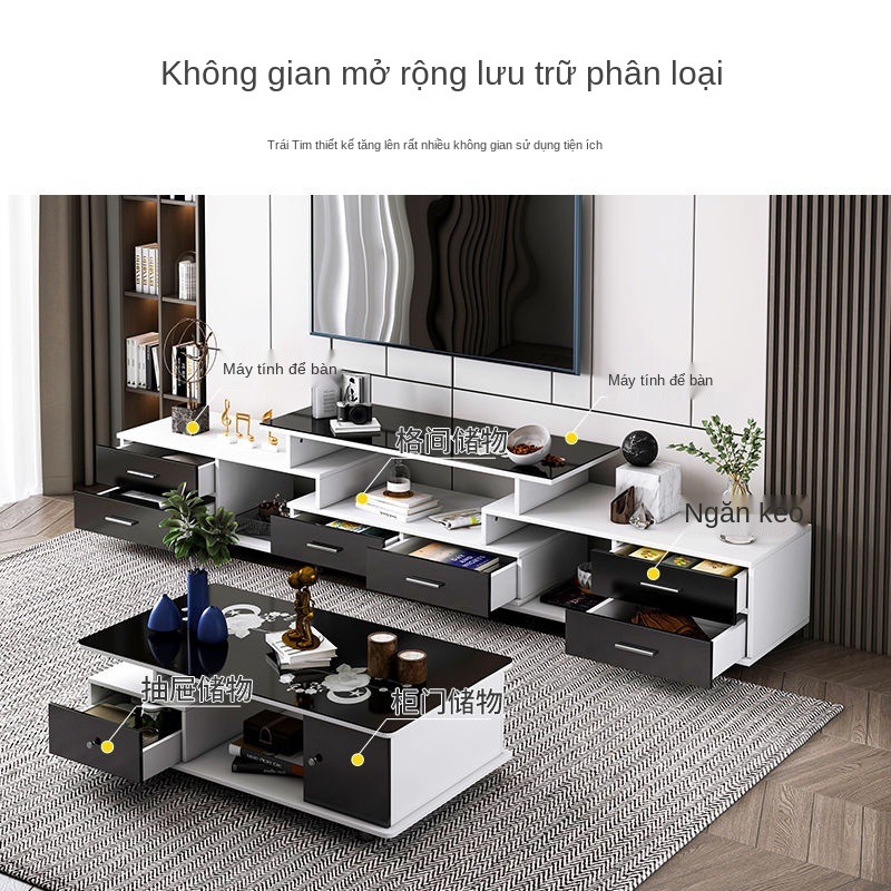 Tủ tivi phòng khách mới hiện đại tối giản kết hợp bàn cà phê hộ gia đình chung cư nhỏ kính cường lực <