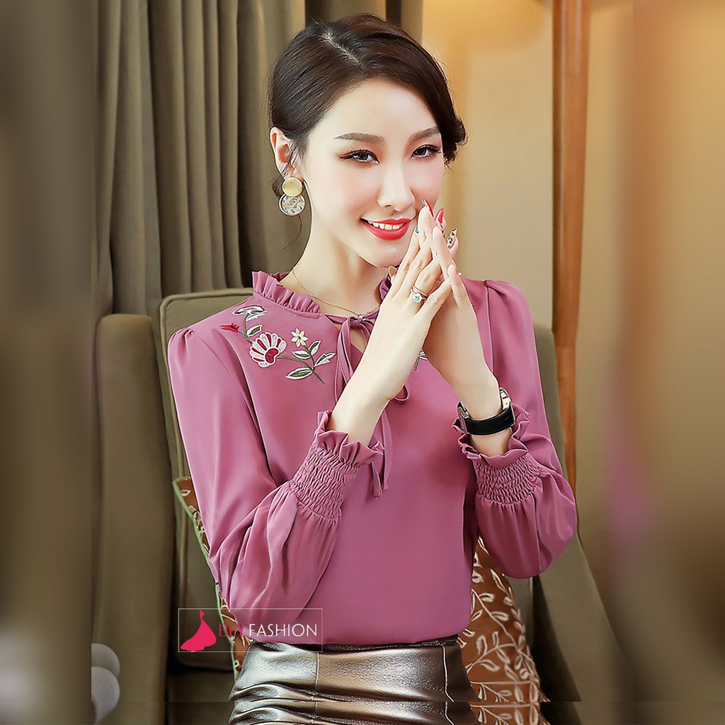 Áo sơ mi cổ tim thắt nơ tay dài chất liệu lụa Hàn Quốc cao cấp BlyFashion SM251 thời trang công sở Thanh lịch Sang trọng
