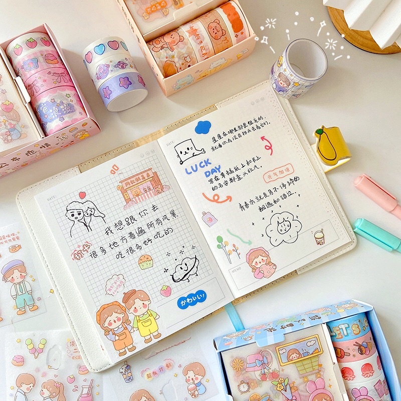 Hộp 4 cuộn washi tape + 4 tấm sticker nhiều hình cute dễ thương, băng dính washi tape