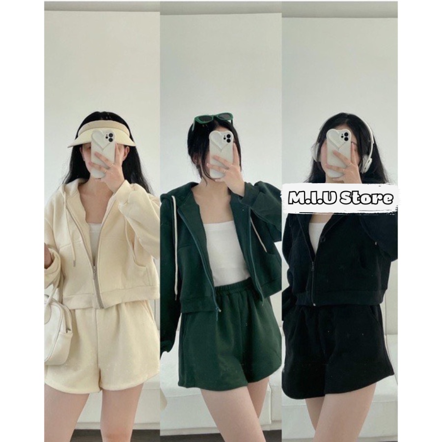 Set hoodie nỉ kéo khóa có mũ mix quần short nữ phong cách thể thao khỏe khoắn
