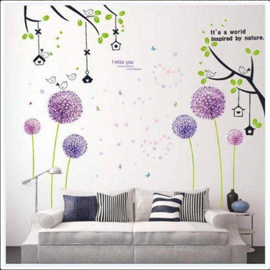 BỘ COMBO DECAL GHÉP ĐÔI TRANG TRÍ - Bồ Công Anh Tím lớn kết Cành Cây nhỏ ( 3 TẤM )