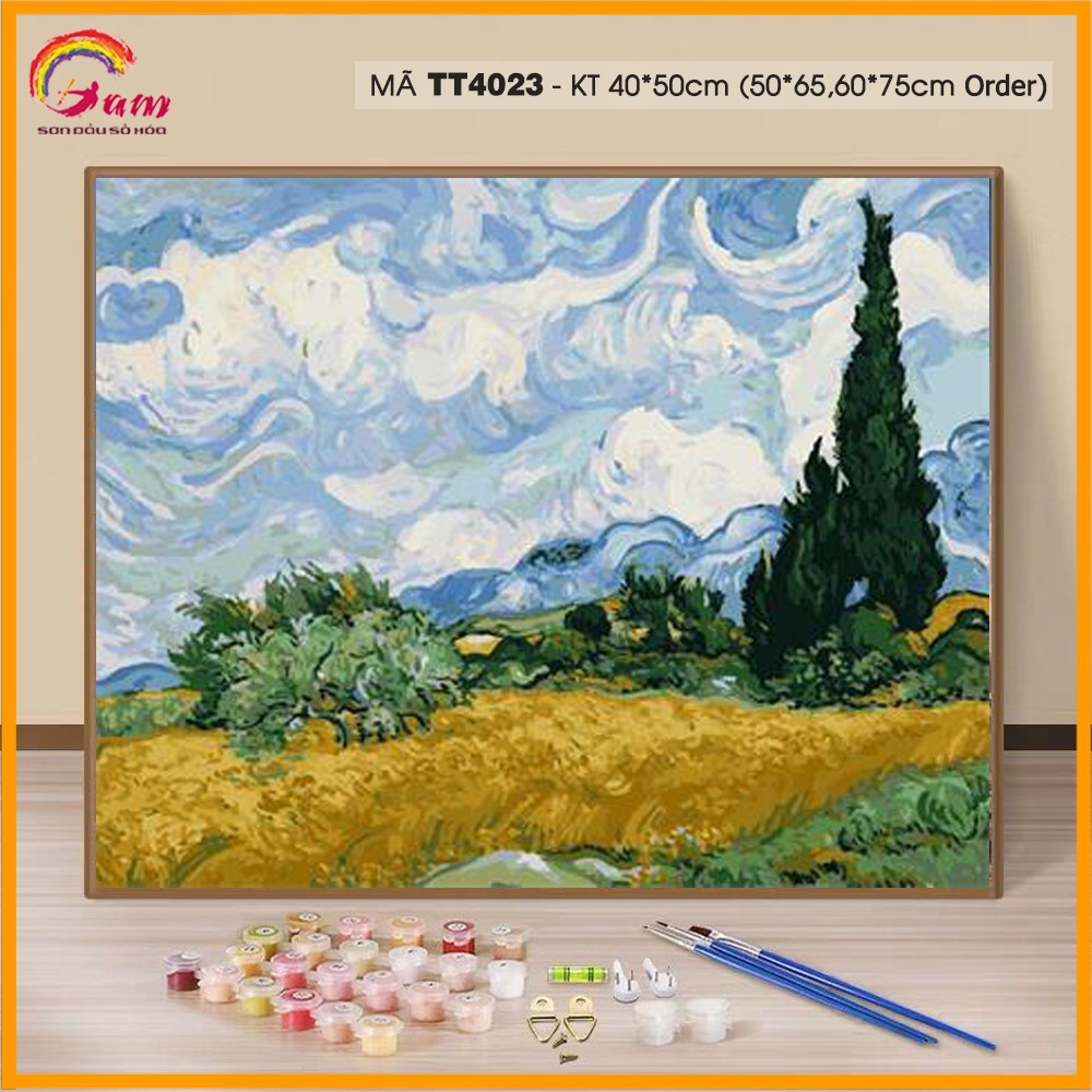 Tranh sơn dầu số hóa tự tô màu Tranhsohoavn trừu tượng Van gogh Đồng lúa mì và cây bách TT4023