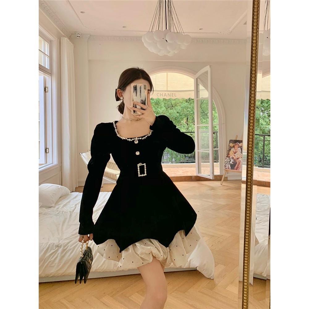 Váy nhung dài tay của nữ phong cách mùa thu kiểu Pháp hàng Quảng Châu cao cấp