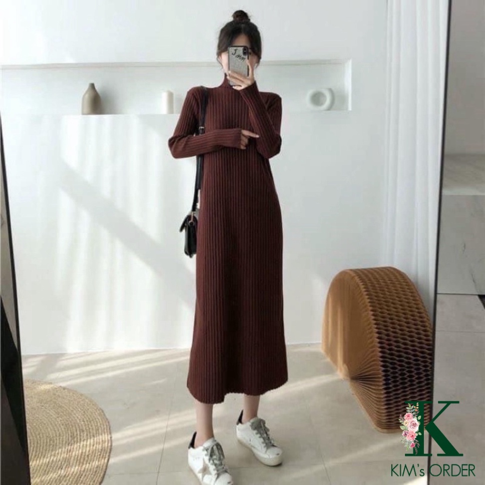 Váy len nữ dáng dài suông Hàn Quốc đầm len cổ lọ basic phom rộng hàng Quảng Châu dày dặn | BigBuy360 - bigbuy360.vn