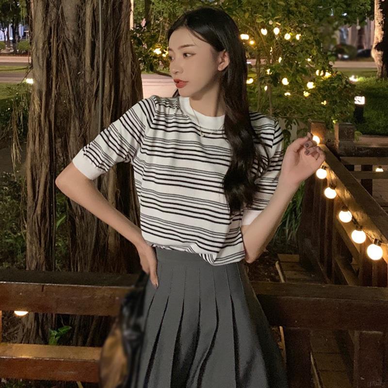 Áo Thun Dệt Kim Tay Ngắn Cổ Tròn Dáng Rộng Họa Tiết Kẻ Sọc Phong Cách Retro Hàn Quốc Cho Nữ