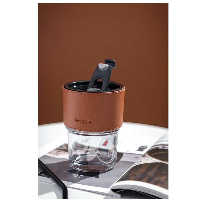 Ly thủy tinh, cốc uống nước cách nhiệt 450ml kèm bao da và ống hút sang trọng