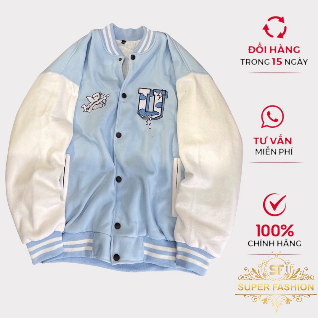 Áo Khoác Bomber Nỉ Nam Phối Hai Màu Trắng Xanh Hình Thiên Thần Chữ U Phong Cách Thời Trang Trend SUPER FASHION