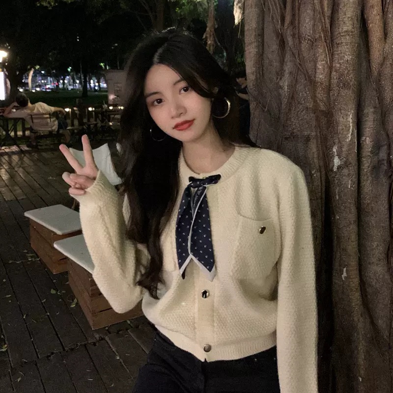 【ZHELIHANGFEI】Áo Cardigan Dệt Kim Tay Dài Dáng Rộng Phối Nơ Phong Cách Retro