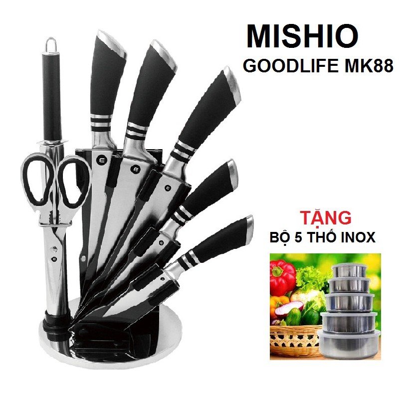 Bộ Dao 8 Món Cao Cấp MISHIO TẶNG BỘ 5 THỐ INOX