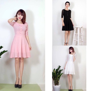 Đầm xòe tay ren cổ đính nơ v21