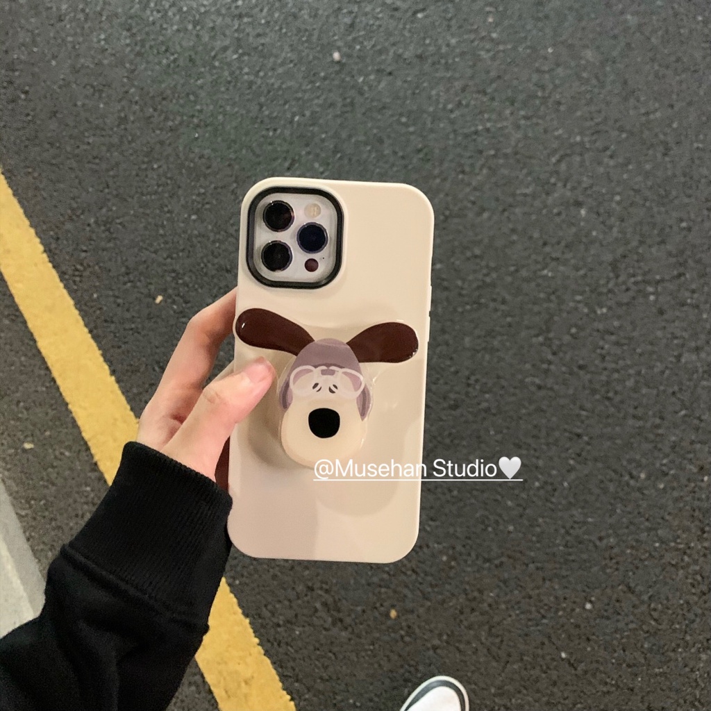 Ốp điện thoại họa tiết hoạt hình Master Dog màu trắng sữa đơn giản kèm giá đỡ cho iPhone 12 13ProMax