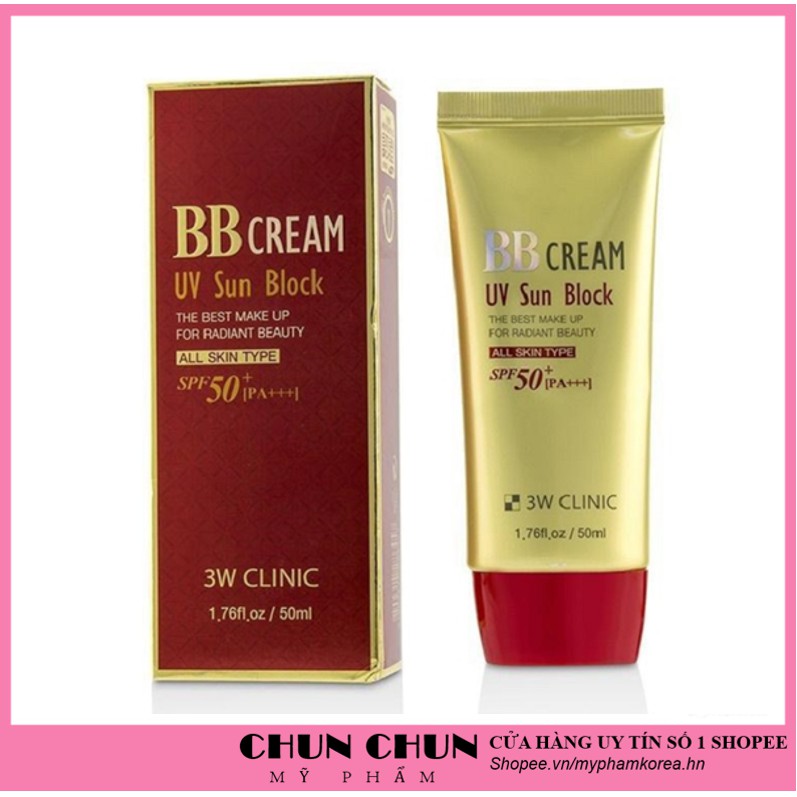 Kem nền trang điểm chống nắng BB Cream UV Sun Block 3W Clinic Hàn Quốc 50ml giúp bảo vệ da trắng sáng tự nhiên