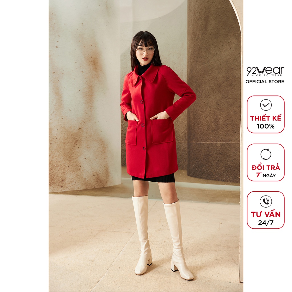 Áo khoác dạ nữ dáng dài tay raglan 92WEAR hai túi ốp hàn quốc thời thượng, trẻ trung KDA2156