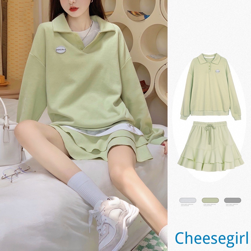 Set Áo Thun Polo + Chân Váy Ngắn Thời Trang Hàn Quốc Cho Nữ