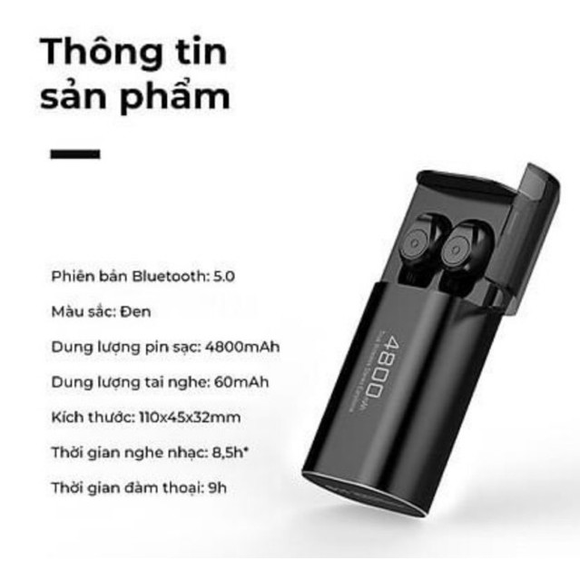 Tai nghe Bluetooth TWS S11, Nhét tai Bluetooth V5.0 - Chống nước kiêm sạc dự phòng 4800mAh - Nghe nhạc 5h