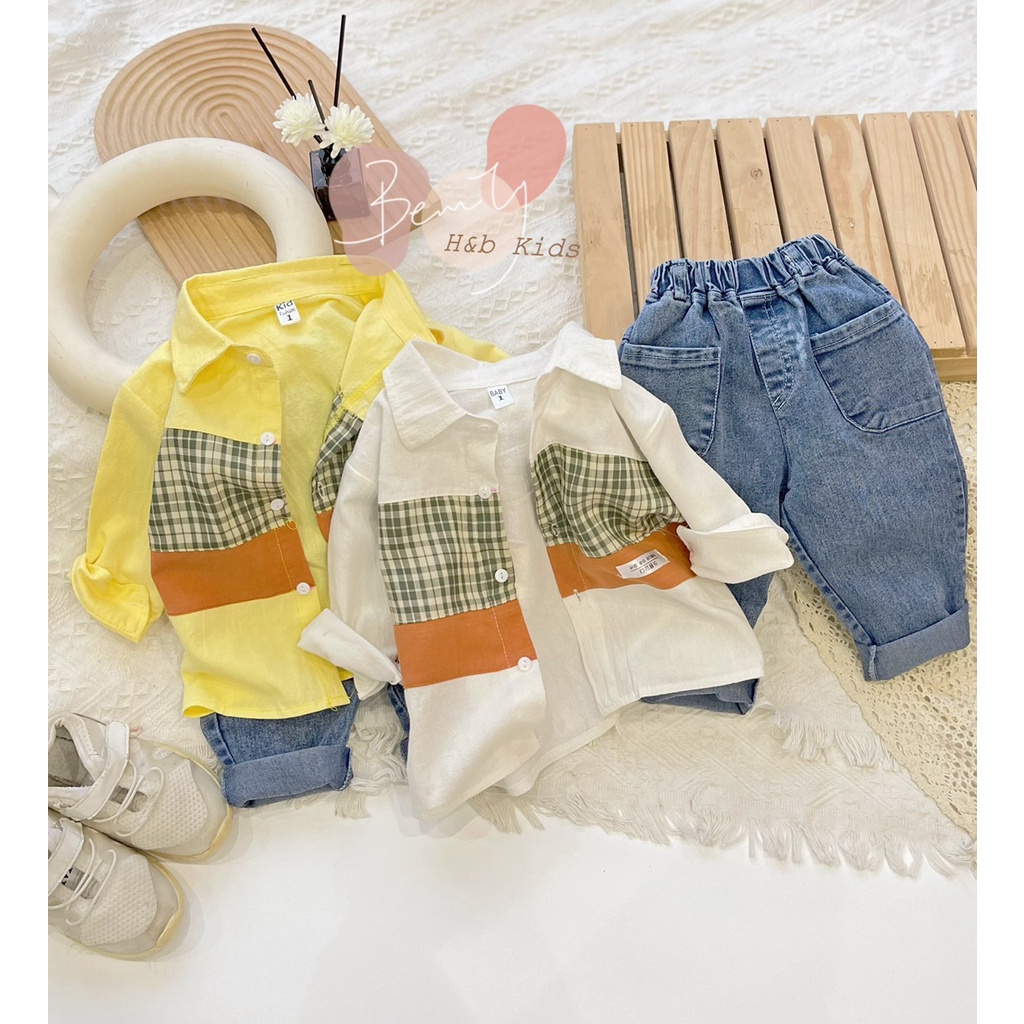 Bộ sơ mi dài tay kẻ quần bò cho bé trai 8-20kg Namkidshop (V803)