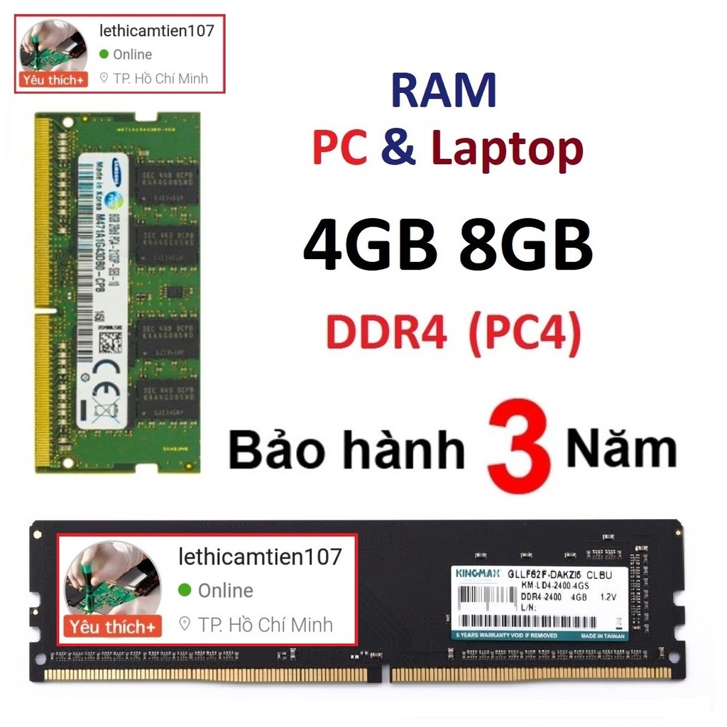 Ram DDR4 4GB DDR4 8GB bus 2400 2133 2866 pc laptop pc4 máy bàn