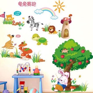 Decal tranh dán tường vườn thú thỏ ngủ gốc táo đẹp nhất