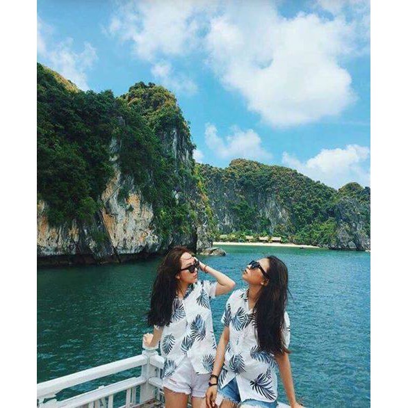 Áo nhóm đi biển họa tiết lá cọ, chất đũi mềm mát