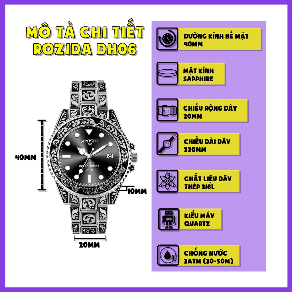 Đồng hồ nam chính hãng đẹp dây thép cao cấp giá rẻ chống nước chống xước ROZIDA DH06 | BigBuy360 - bigbuy360.vn