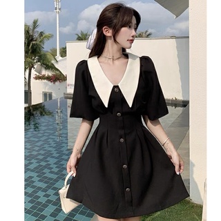 Đầm xòe cổ sen phối màu tay lở 6 nút hoa xinh xắn ảnh thật shop tự chụp còn màu đen - B019