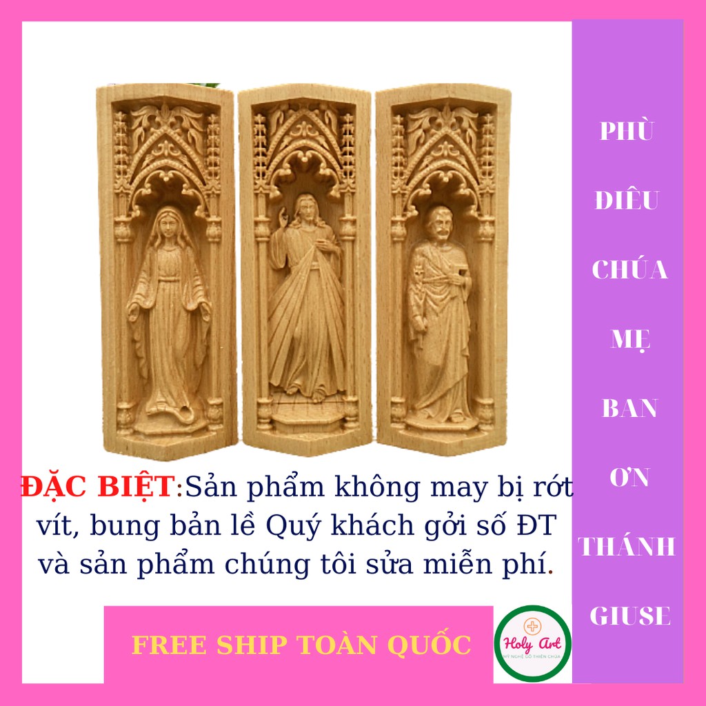 Tượng Lòng Chúa thương xót-Mẹ ban ơn-thánh Giuse bằng gỗ . bộ tượng 3 đấng là quà tặng người thân, trang trí