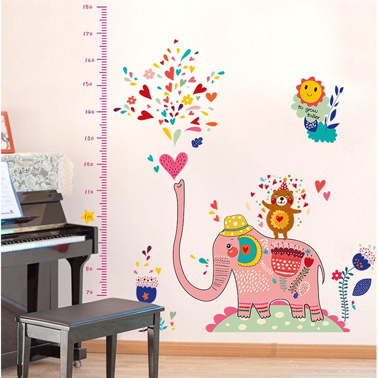 Decal dán tường đo chiều cao cho bé hình CHÚ VOI HỒNG kích thước 120x130cm