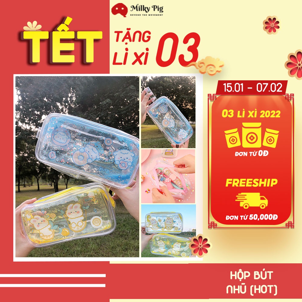 Hộp Bút, túi đựng bút trong suốt nhũ nước lấp lánh kim tuyến cỡ lớn Đựng Vừa Máy Tính Casio MILKY PIG
