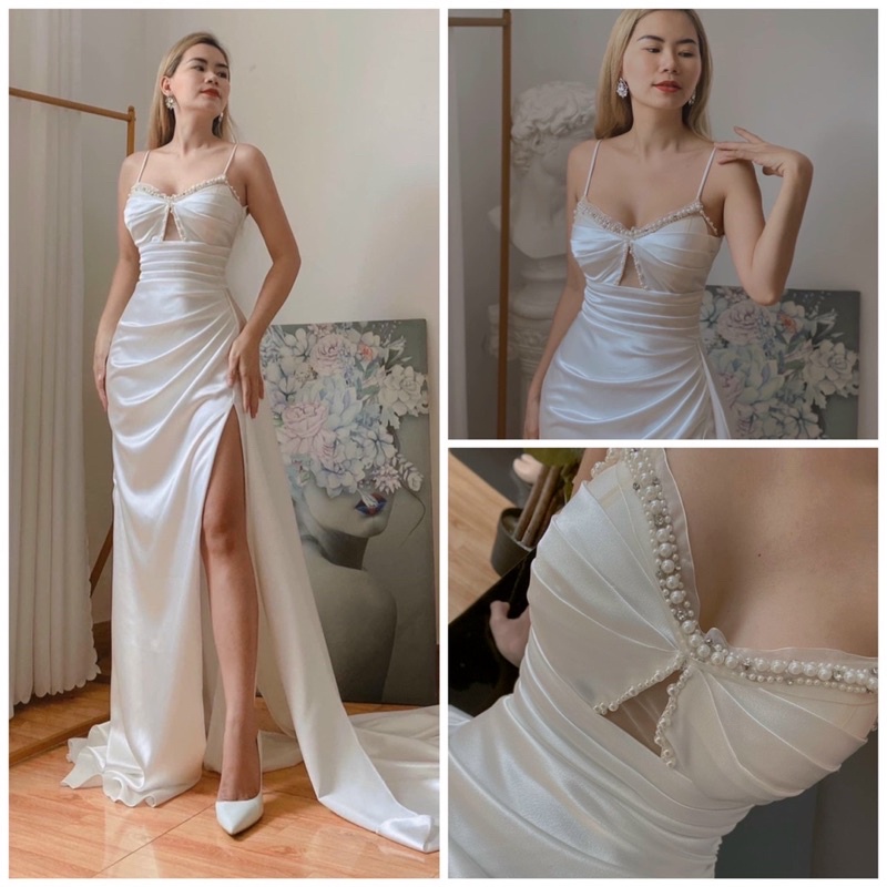 MS1253y ĐẦM DẠ HỘI 2 DÂY PHỐI TÀ NGOÀI KẾT CƯỜM