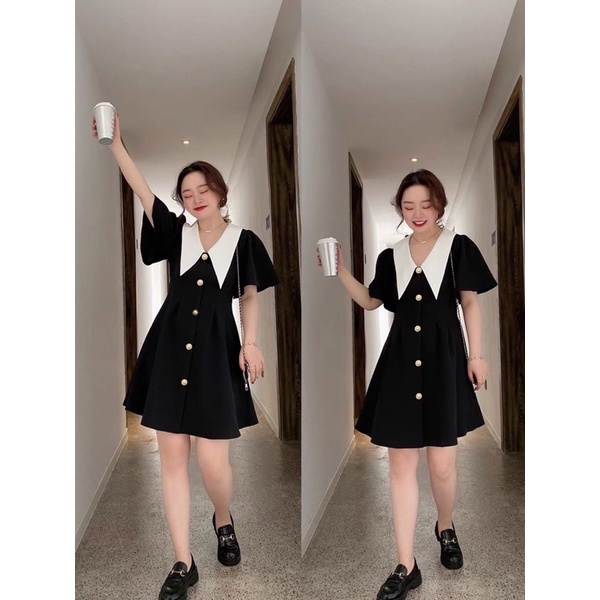 (Có Bigsize) Đầm Váy Đen Phối Cổ Trắng Nút Ngọc Chít Li Eo Trẻ Trung Mặc Đi Chơi Dạo Phố Dự Tiệc