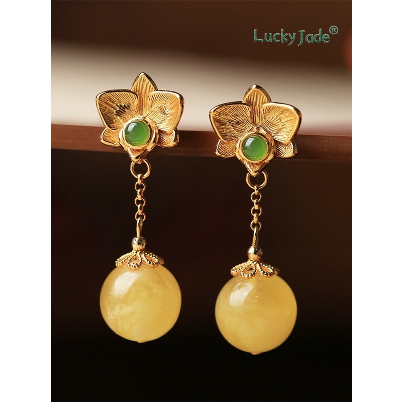 Khuyên Tai Bạc Đính Đá Hổ Phách Cao Cấp Phong Cách Trung Hoa Cho Nữ