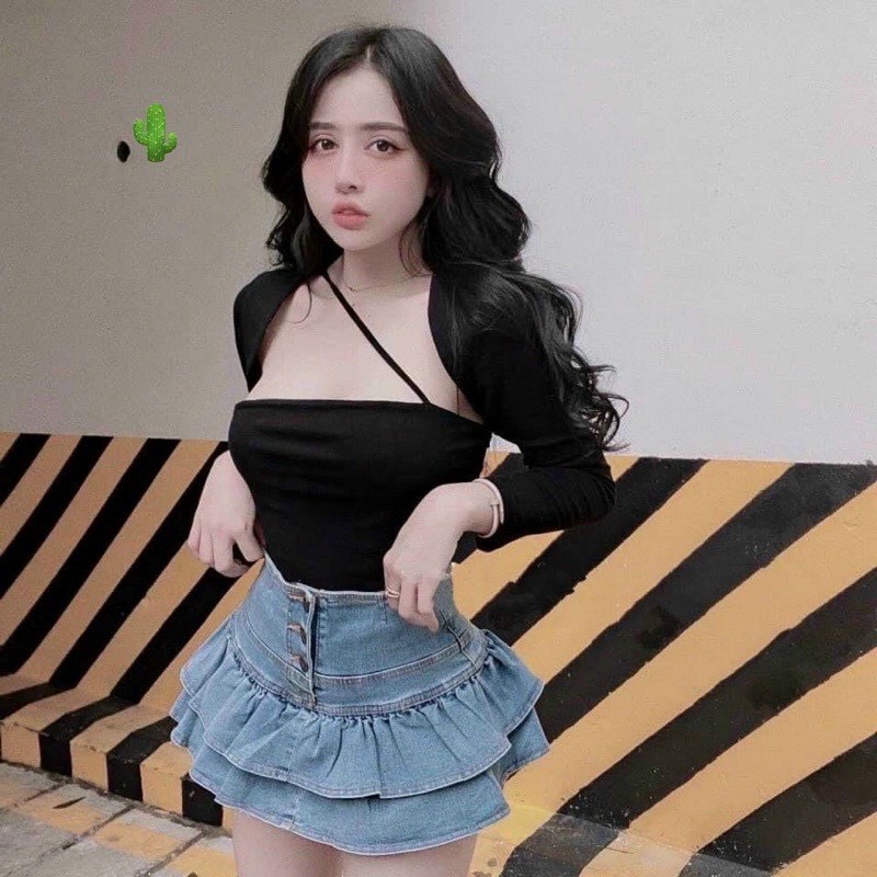 chân váy ngắn tầng giả jeans lưng cao
